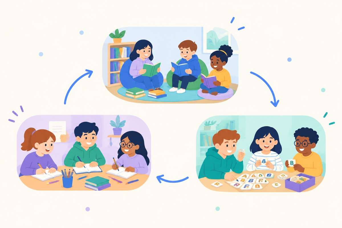 Literacy centers (3 groups, 3 stations)
